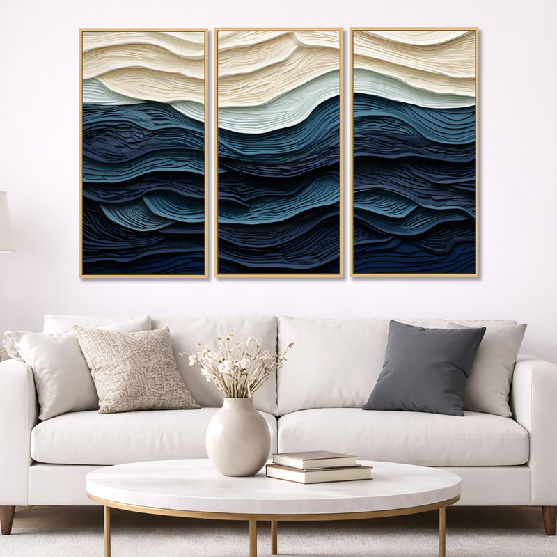 Bord de mer bleu et blanc - art mural minimaliste côtier, H 40 po x l 60 po x P 1 po, Toile tendue