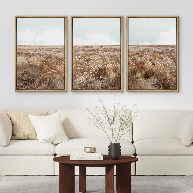 "Wildflower Field Rustic Illustration Modern Art Decor Living Room Office" 3 pièces, H 36 po x l 24 po, Naturel