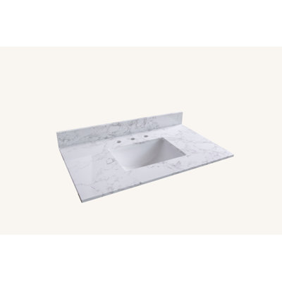 Montary 37Inch Bathroom Vanity Top Stone Carrara White New Style Tops With Rectangle Undermount Ceramic Sink  And Back Splash With 3 Faucet Hole  For Bathrom Cabinet