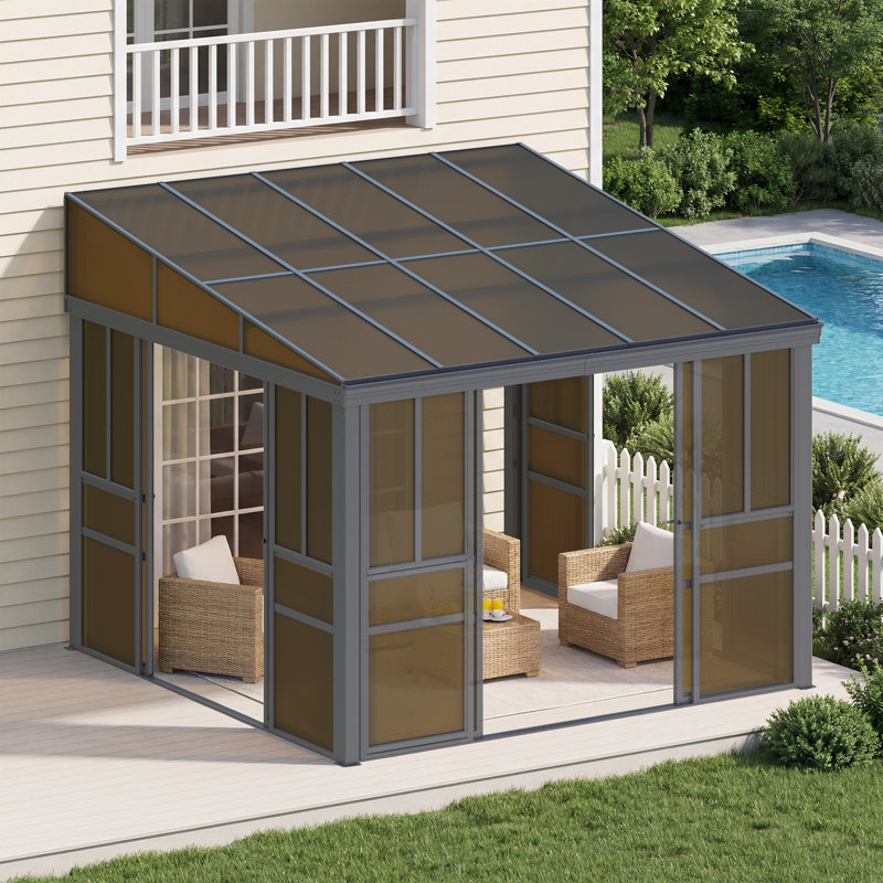 10 ft. W x 10 ft. D Outdoor Wall Mounted Sunroom Gazebo – All-Season Aluminum Solarium with Ventilated PC Double Roof, Sliding Doors, and Adjustable Screen Windows for Patio, Deck & Hot Tub, Gray