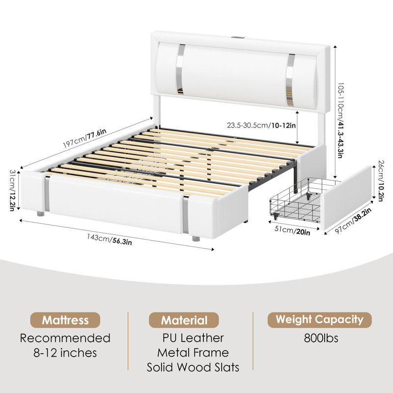 Base de lit avec tête de lit éclairée en polyuréthane, ports USB et 2 tiroirs Barbuto, Lit double, Blanc