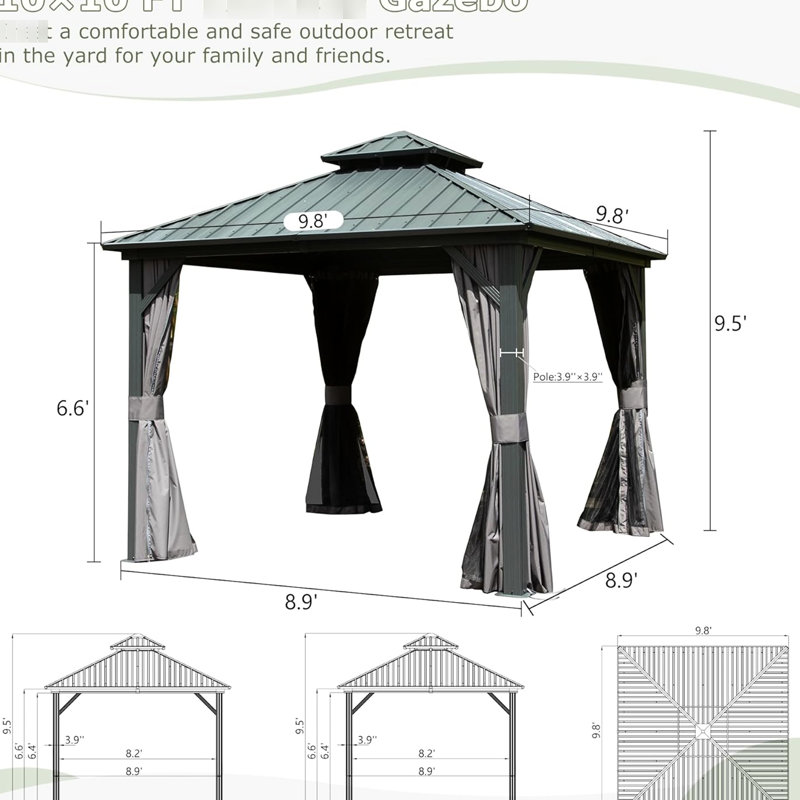 Gazebo, 10X10 Ft, Aluminum Metal, Galvanized Steel, For Backyard, Patio, Lawn Gazebo , Aluminum, Steel Roof, Deck, Backyard