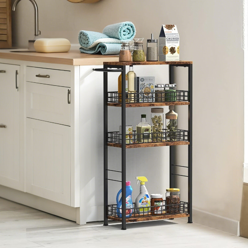 Slim Rolling Storage Cart With Wood Top For Small Spaces (Maximize Laundry Room Organization), Brown