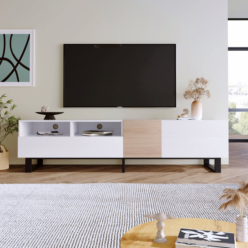 Meuble télé moderne pour téléviseur de 80 po avec double espace de rangement, console multimédia, centre de divertissement avec porte rabattable