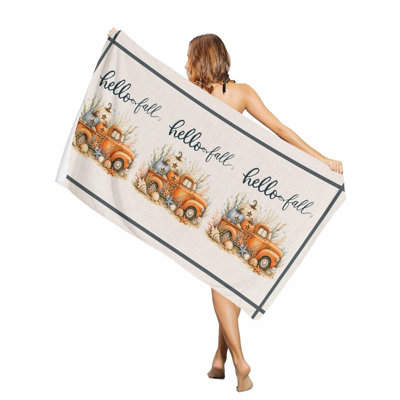 Serviette de plage rétro automnale en lin, motif camion orange et citrouille, grande taille, séchage rapide, absorbante et douce, sans sable, 203 x 152 cm. Un sac en toile assorti vous sera offert.