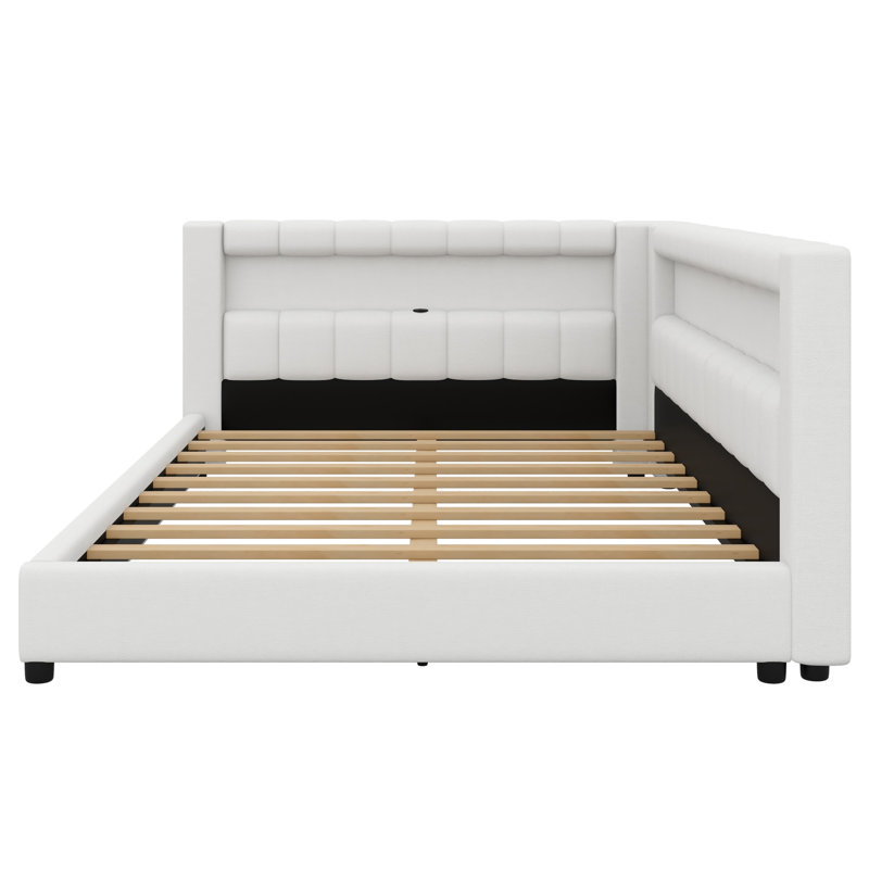 Modern Upholstered Platform Bed Featuring USB Ports and LED Belt, Double XL, White