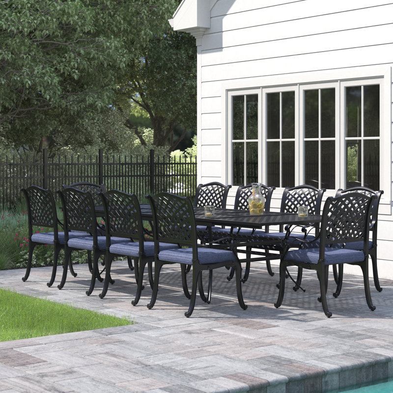 Annecorinne 10 - Person Patio Dining Set with Rectangular Table , Cushions Included, Navy Blue, Dark Lava Bronze