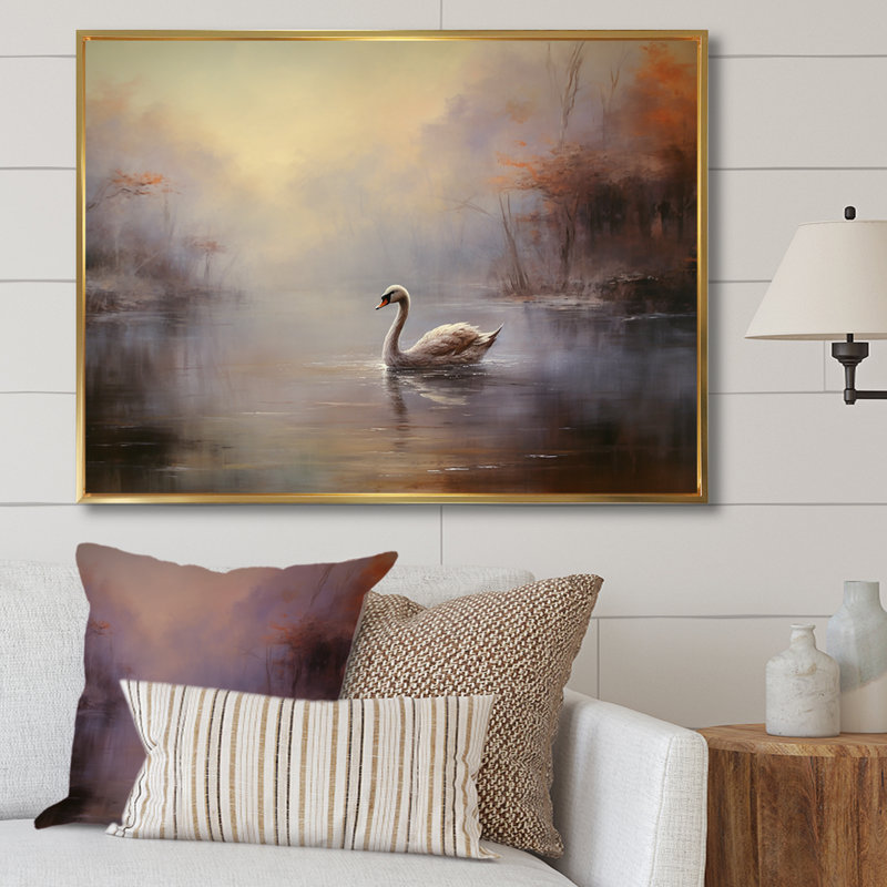Cygne dans la brume II sur toile, Cadre flottant doré, H 30 po x l 40 po x P 1,5 po