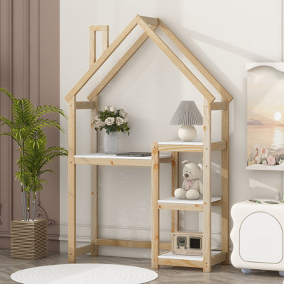 House-Shaped Wooden Writing Desk,Kids Study Table,Bookshelf & Toy Storage