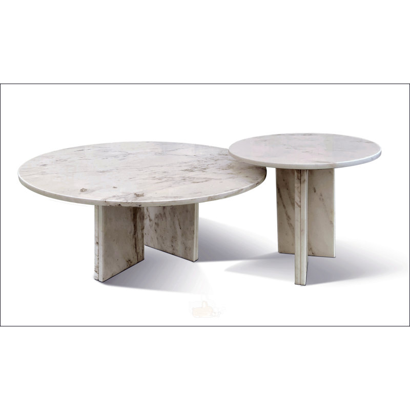 Semi-Polished Marble Round Nesting Table Set Of 2, Perfect For Living Rooms, Natural And Genuine Stone Elegance, White