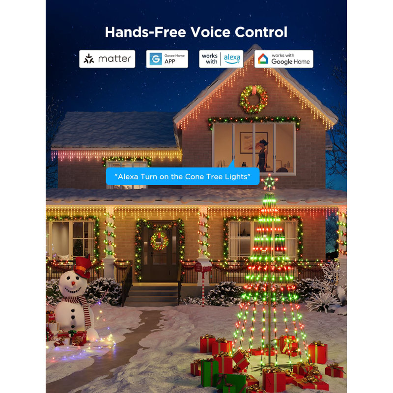 Éclairage d'arbre de Noël à cône de 7,5 pi avec application et commande vocale, 370 lumières à DEL RVBIC à changement de couleur, IP67 imperméable, synchro de musique pour décoration de Noël