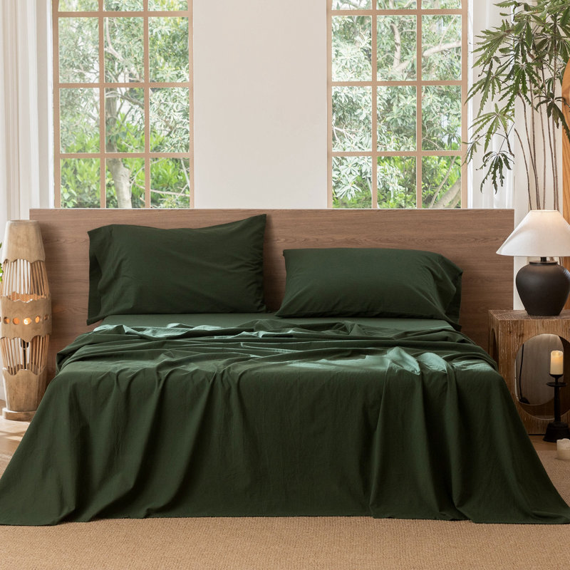 Drap plat 100% coton lavé MooMee, Drap plat grand, Vert forêt