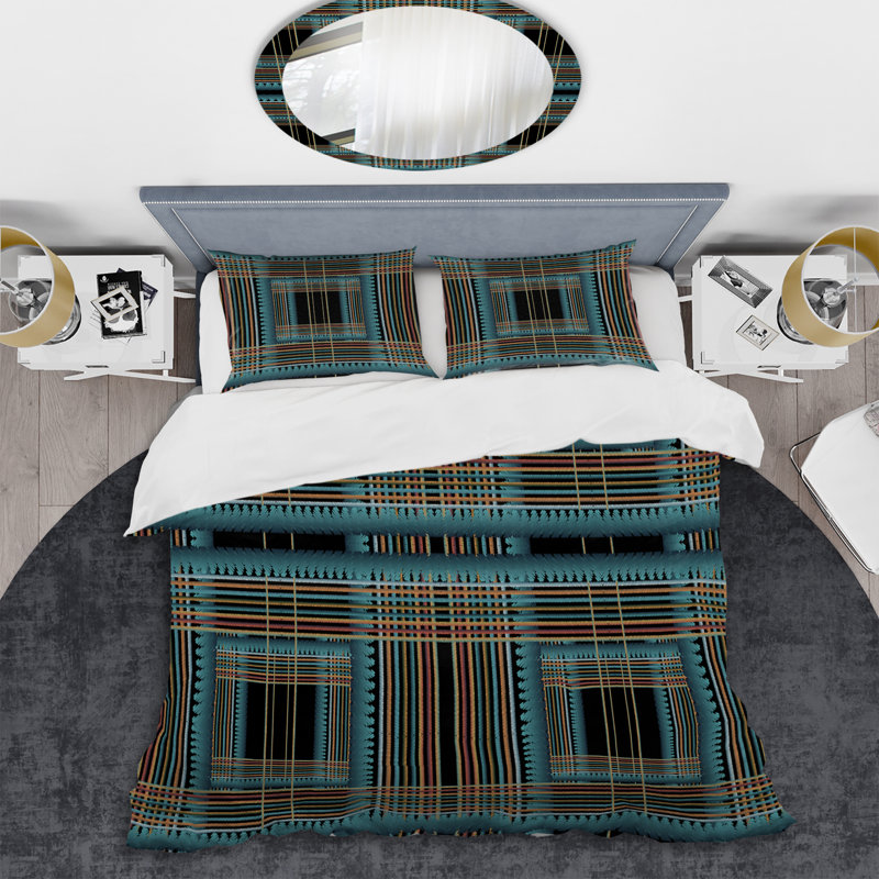 Turquoise grunge rayé - ensemble de housse de couette abstrait - microfibre de polyester
