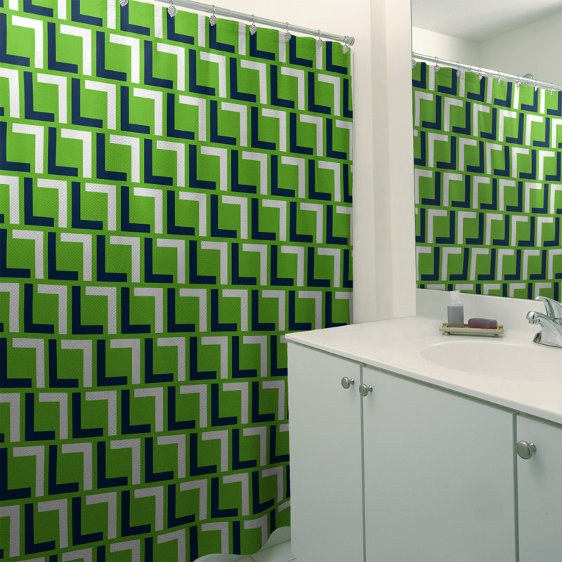 Rideau de douche géométrique simple, Bleu marine université / blanc / vert action, Non