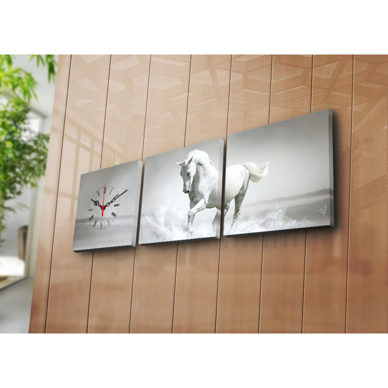 Ensemble de 3 horloges murales élégantes en toile, 35,4 x 11,0 pouces | 100% toile de suède avec cadre 100% bois, épaisseur: 1,2 po | Décoration élégante pour le salon, la chambre à coucher et le bureau
