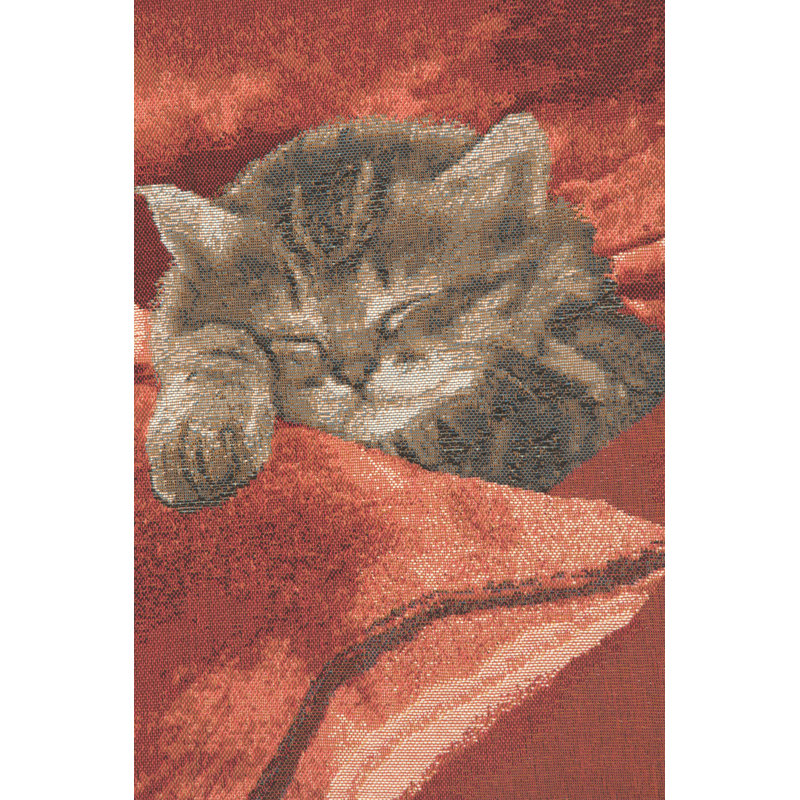 Red Cotton Euro Pillow Cover with Sleeping Cat Design