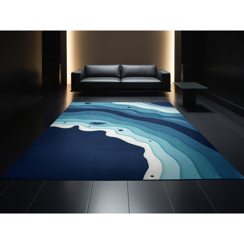 Machine Washable Paret Galapagos Islands Ecuador Contemporary Arc Rug in Blue – Navy Binding, 4x6