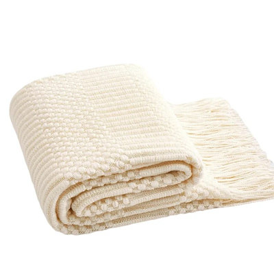 Ivory Knitted Soft Fringe Cozy Textured Throw Blanket 50" X 60"