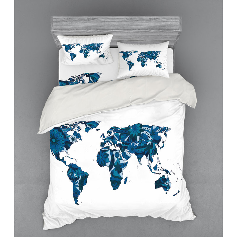 Floral World Map Blue and White Queen Duvet Cover Set