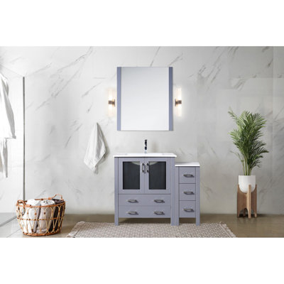 42 po Meuble-lavabo large gris foncé pour salle de bain avec tiroirs latéraux, robinet, comptoir en céramique et miroir décoratif suspendu 28