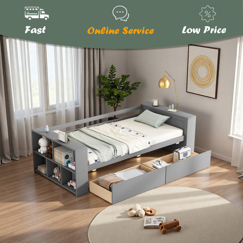 Lit de jour simple avec tablettes et tiroirs, Gris
