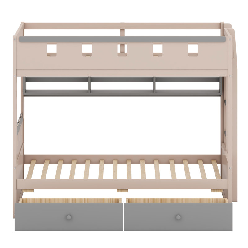 Whimsical Castle-Style Bunk Bed with Integrated Storage Drawers, Open Shelving, and Built-In LED Lighting System, Gray