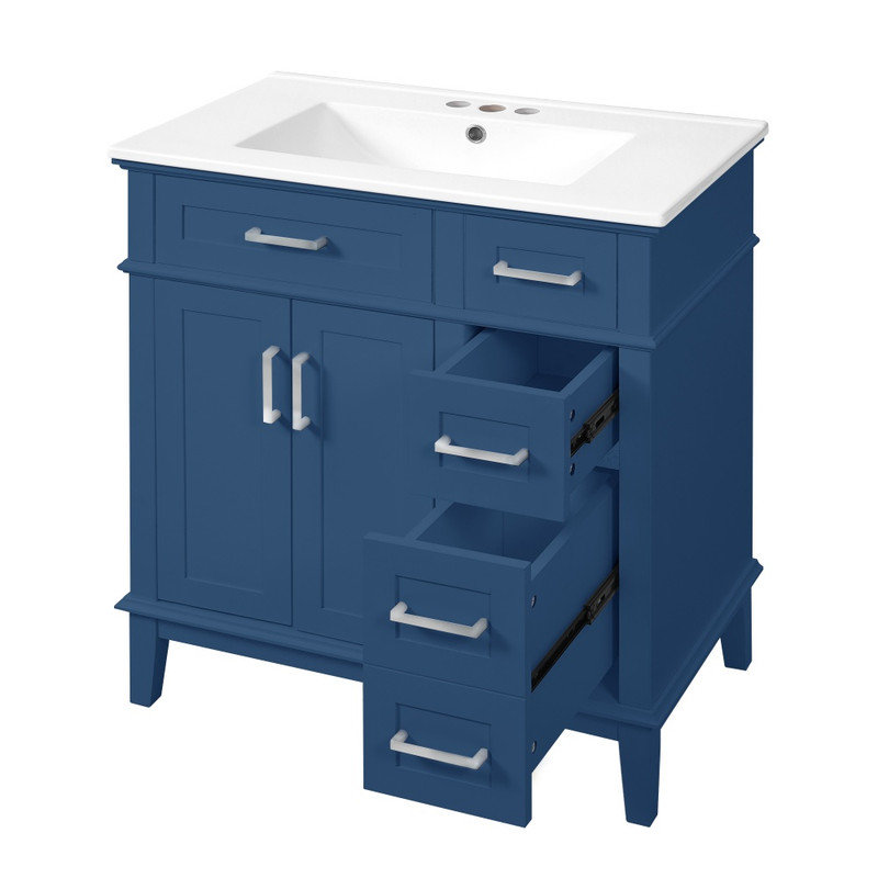 30 Inch Modern Bathroom Vanity with Ceramic Sink Soft Close Doors and Dual Drawers for Small Bathrooms, Blue