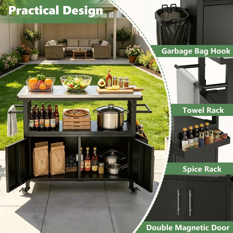 Outdoor Grill Cart with Patio Furniture, Outdoor Grill Table with Storage, Rolling Bar Cart Outdoor BBQ Cart with Towel Rack and Spice Rack for Grilling Accessories