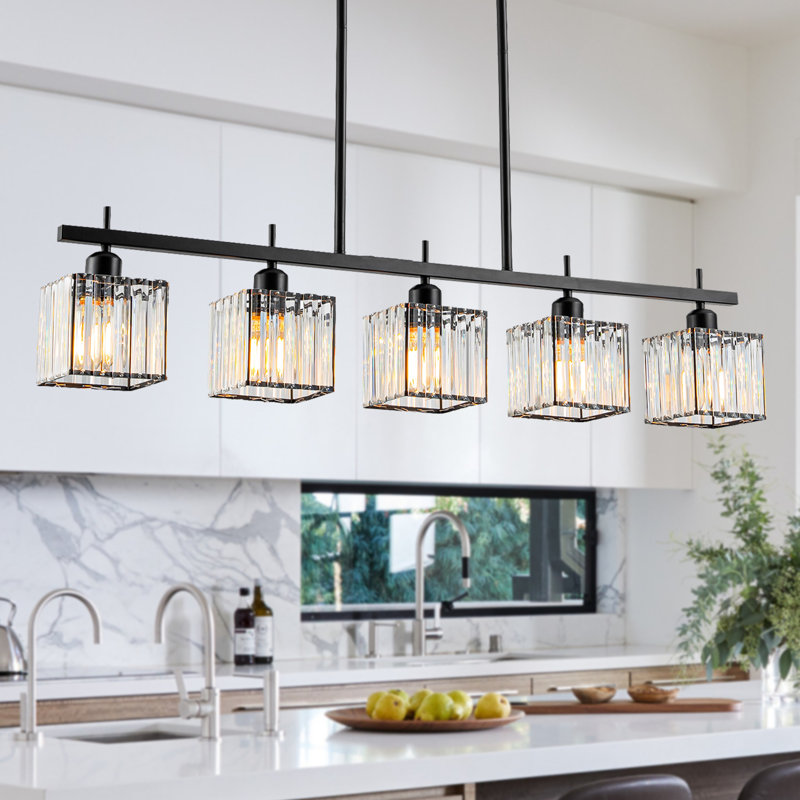 Luminaire suspendu linéaire en cristal à 5 lumières pour îlot de cuisine