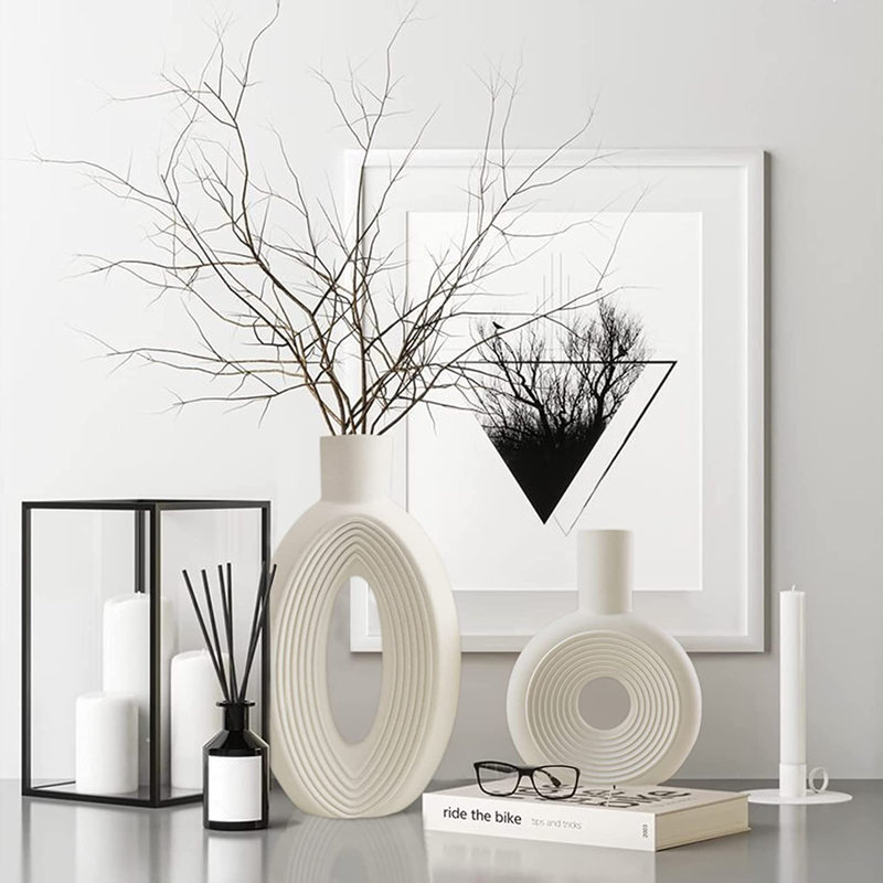 White Ceramic Hollow Center Vase Set for Modern Decor