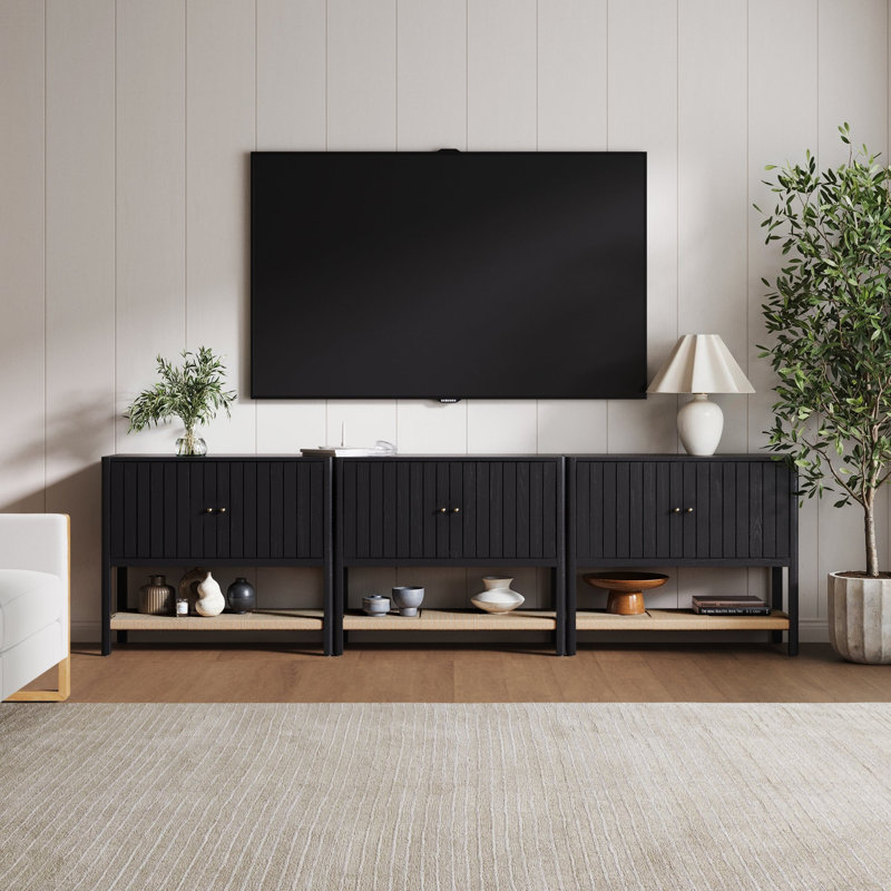 Wood Accent Cabinet Or TV Stand With Open Seagrass Storage, Black