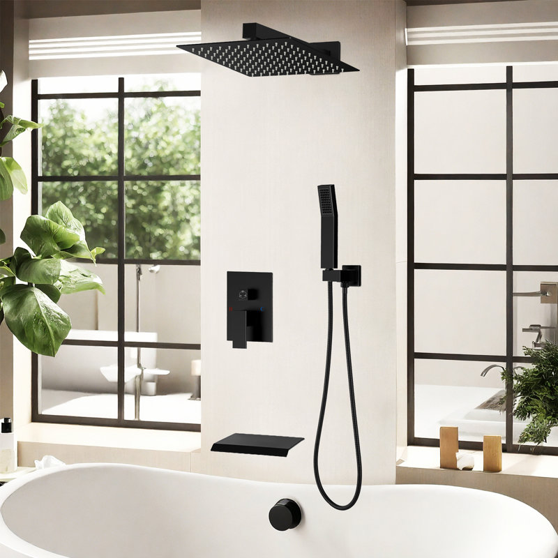 Ensemble de douche à pluie HGN 12 po avec douchette murale et bec de baignoire noir mat, Noir mat