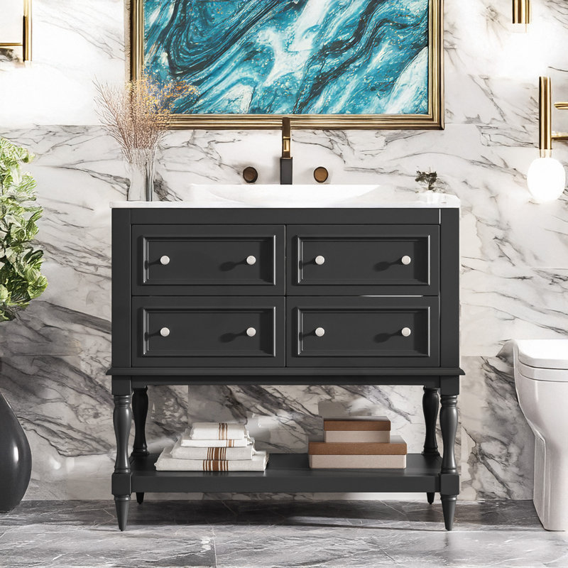 Freestanding Bathroom Vanity Set with 4 Drawers, Black