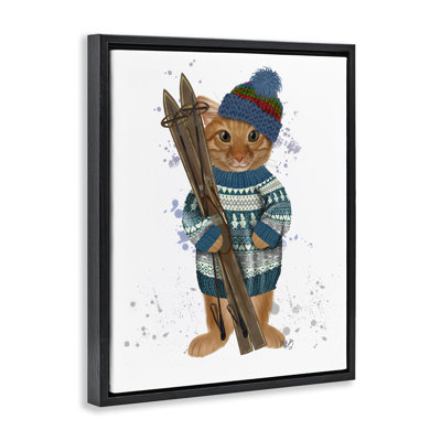 Chat avec des skis d'hiver, art mural par Fab Funky