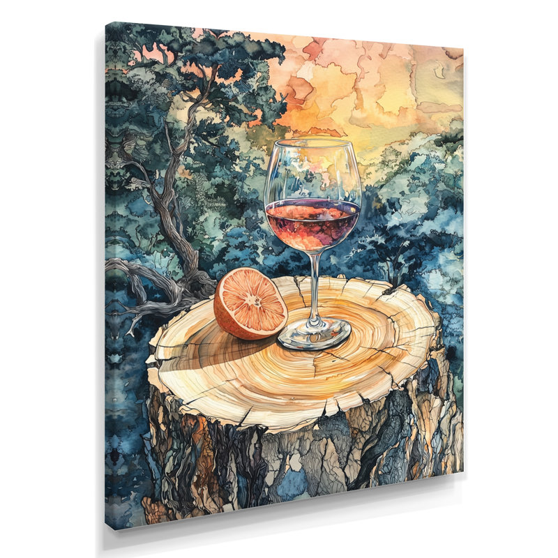 Pamplemousse avec verre de vin dans un vignoble - Décoration murale paysages, H 32 po x l 24 po, Toile tendue