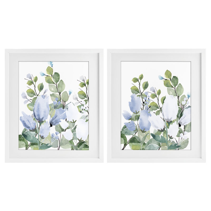 «Spring Watercolors», ensemble de 2 reproductions encadrées sous verre, par Kim Allen, H 21 po x l 17 po, Cadre blanc côtier
