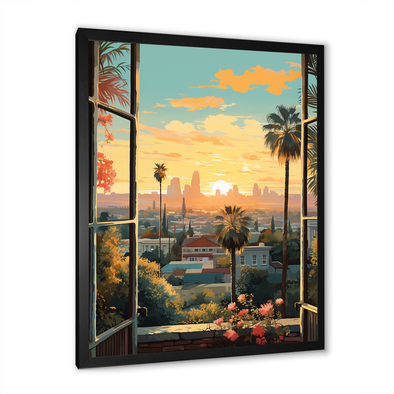 «Vintage Los Angeles Windows View 3 - Floral Window», art mural rétro, Cadre simple noir, H 20 po x l 12 po x P 1 po