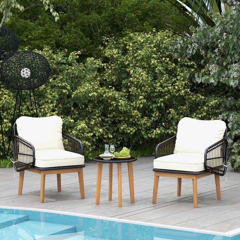 Corrigan Studio® 3 Piece Patio Chair Set Wicker Chair & Side Table Set w/ Soft Cushions & Tempered Glass Tabletop