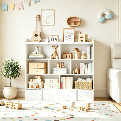 46.4"H Kids Bookcase and Toy Storage Organizer, with 2 Sliding Drawers, 7 Cubes, 2 Magnetic Cabinets, Toy Organizers and Storage for Playroom