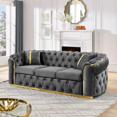90.6 Inches Gray Velvet Couch, 3 Seater Luxury Button With 2 Pillows And Gold Stainless Steel Decor For Living Space Accessories Room