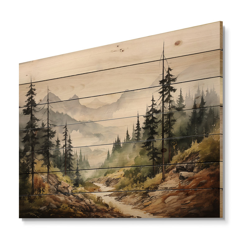 «Mountains Whisper Fog Serenity - Minimalisme», art mural sur bois de pin naturel, H 10 po x l 20 po
