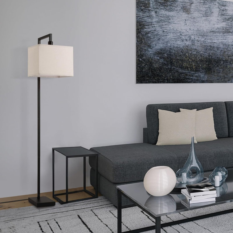 60" Modern Square Floor Lamp, Matte Black Body With White Fabric Shade, Reading Lamp For Home Office