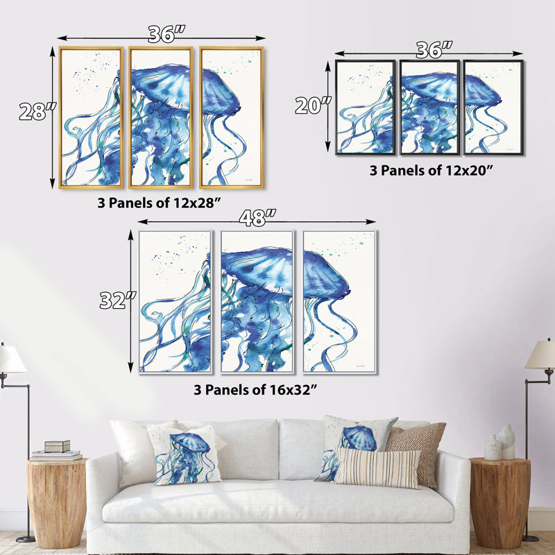 «Blue Deep Sea X», ensemble d'art mural sur toile encadré nautique et côtier, L 36 po x H 28 po, Cadre noir