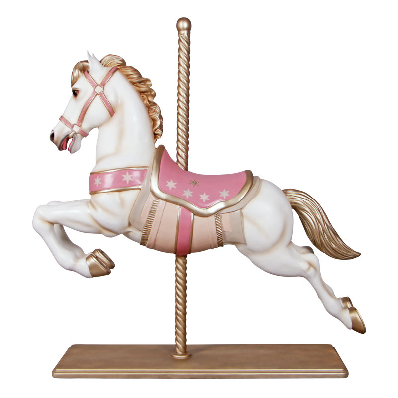 Full-Size White and Pink Resin Carousel Horse Statue