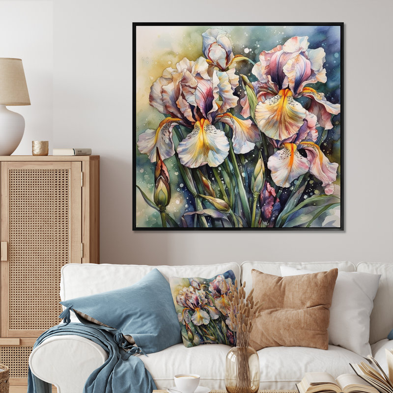 Mauve, jaune, iris sauvages, reproduction sur toile, Cadre photo noir, H 24 po x l 24 po x P 1 po