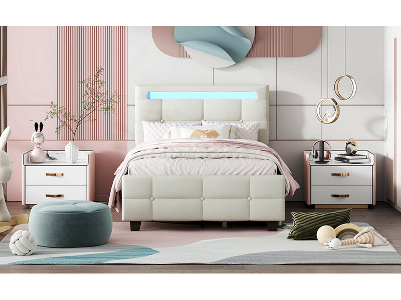 Lit plateforme simple tapissier avec cadre à DEL et 2 tiroirs, Beige