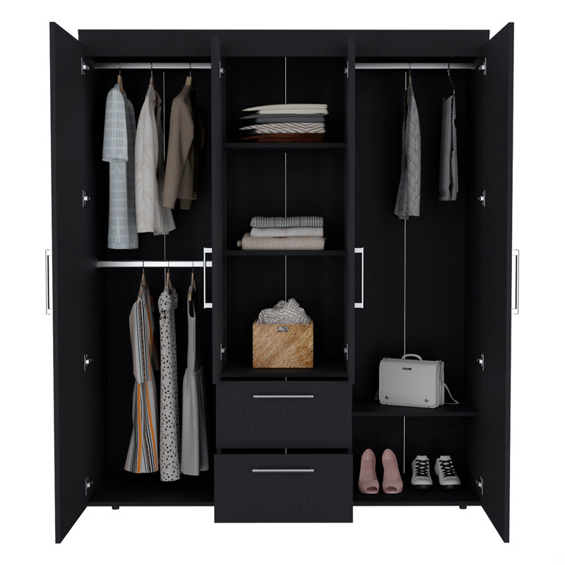 Garde-robe, rangement multi-sections avec tringles de suspension, tablettes et 2 tiroirs