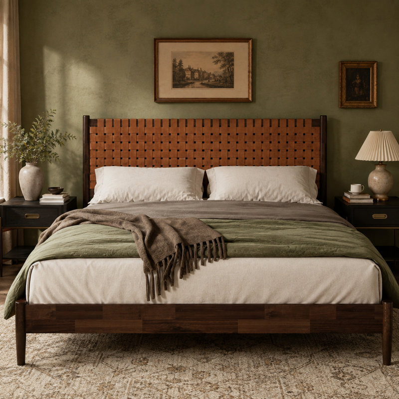 Lit plateforme King style Mid-Century en bois d'acacia massif avec tête de lit en cuir végane tissé à la main et pieds fuselés, pouvant supporter jusqu'à 363 kg