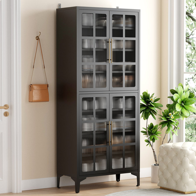 Steel Shoe Cabinet With 4 Doors & 8 Adjustable Shelves, Large Capacity Storage Organizer With Hooks – 65"H X 27.6"W X 13.8"D, Black