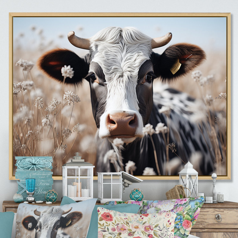 Vache fleur pâturée, reproduction d'art sur toile, Cadre naturel flottant, H 16 po x l 32 po x P 1 po